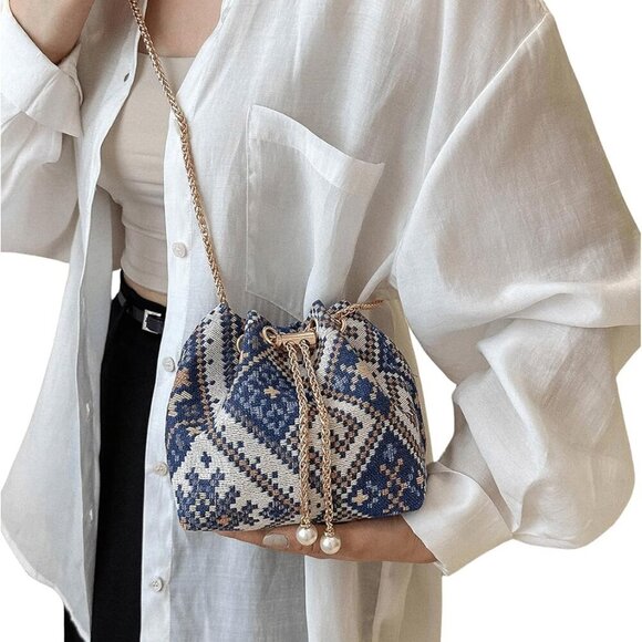 Blue White Multi Mini Plaid Drawstring Tote Bag Casual Boho Shoulder Handbag - Picture 7 of 7
